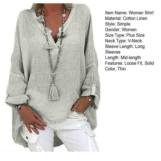 Женская рубашка с V-образным вырезом, длинным рукавом, средней длины, повседневные топы, однотонная свободная футболка из хлопка и льна, повседневная одежда