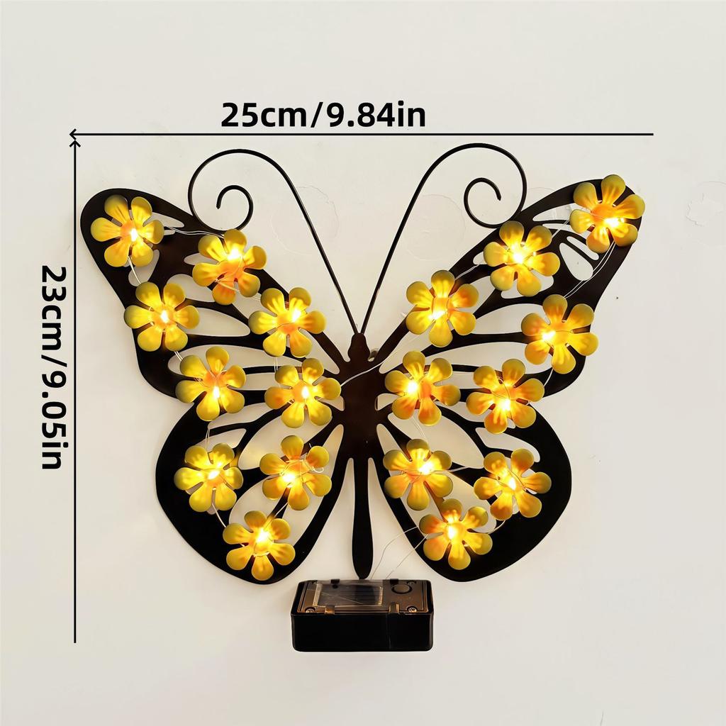 Solar Butterfly Wall Decor 23x25cm Metal IP65 Waterproof Rustproof LED Flower Light with Solar Auto On/Off - Warm Glow Easy Hanging Metal Wall Art