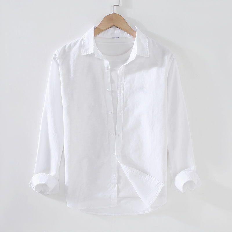 Men's Casual Long-Sleeve White Linen Shirt - Lightweight, Trendy Spring/Summer Top