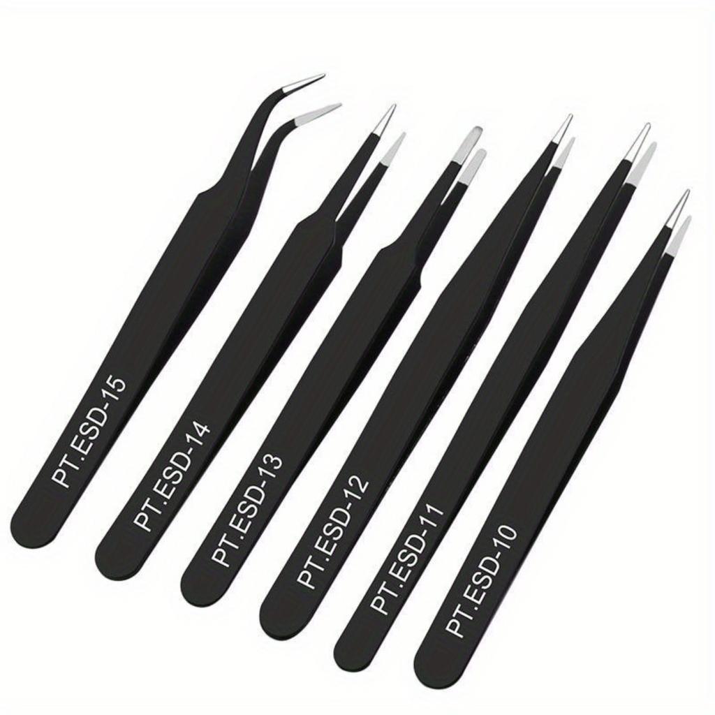 6pcs Anti-static ESD Stainless Steel Tweezers Maintenance Tools Industrial Precision Curved Straight Repair