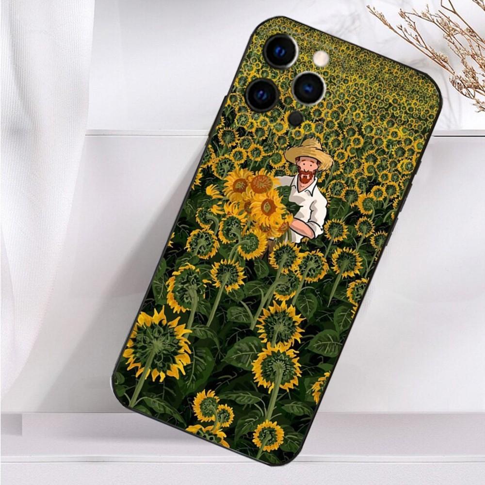 Чехол для телефона с рисунком под Ван Гога «Подсолнухи» для iPhone 16,15,14,13,12,11 Plus,Pro Max,XS,X,XR,SE,Mini,8,7 Мягкий силиконовый черный чехол
