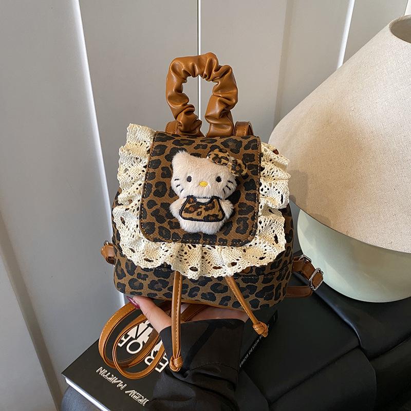Korean Ruffle Lace Retro Leopard Print Girls' Kitten Backpack - Cute and Versatile Cartoon-Style Design