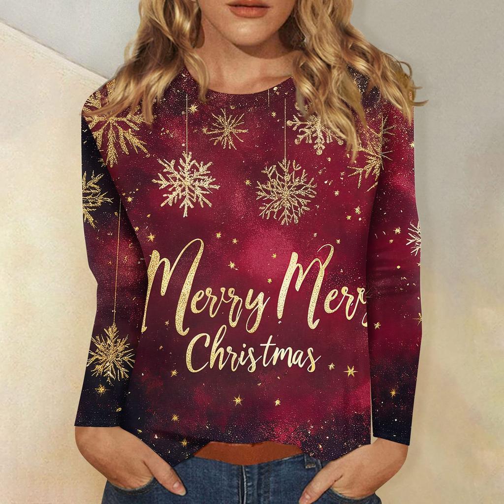 Женская мода повседневный рождественский принт круглый вырез длинный рукав пуловер топ