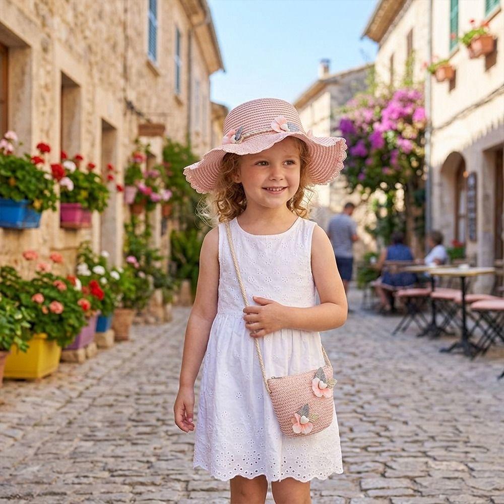 2Pcs/Set Sun Hat Children Beach Hats Set Wide Brim Straw Wide Hat New Straw Hat Beach Bag Set Party