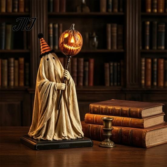 Remote Control Lighted Ornament Ghost Figurine with Control, Vintage Resin Statue Luminous Pumpkin Indoor Festive Display Scepter, Cute Spooky