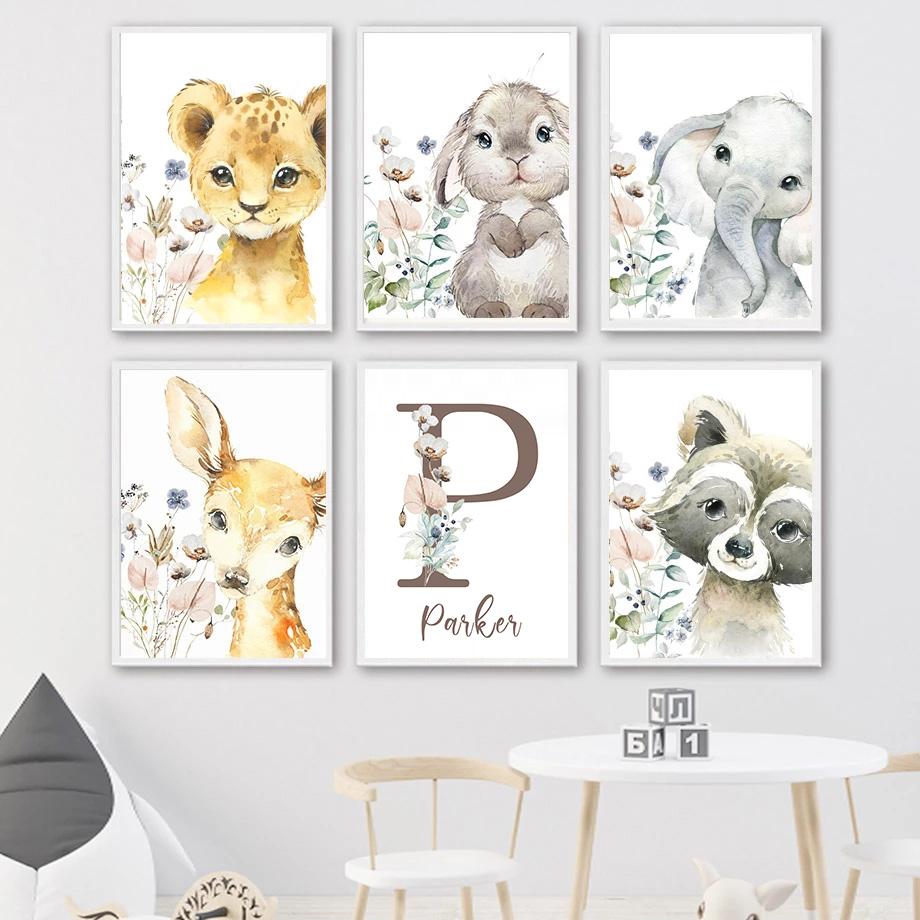 Personalized Poster Baby Name Custom Canvas Painting Print Lion Elephant Raccoon Rabbit Wall Art Decoration Kids Bedroom Picture