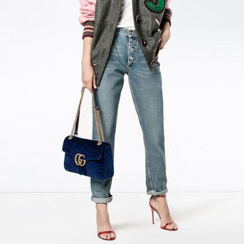 Gucci GG Marmont Marmont Золотая этикетка Логотип Стеганый Бархатный Сумка на Цепочке Через плечо Маленькая Женская Темно-синий Классический Рекомендация