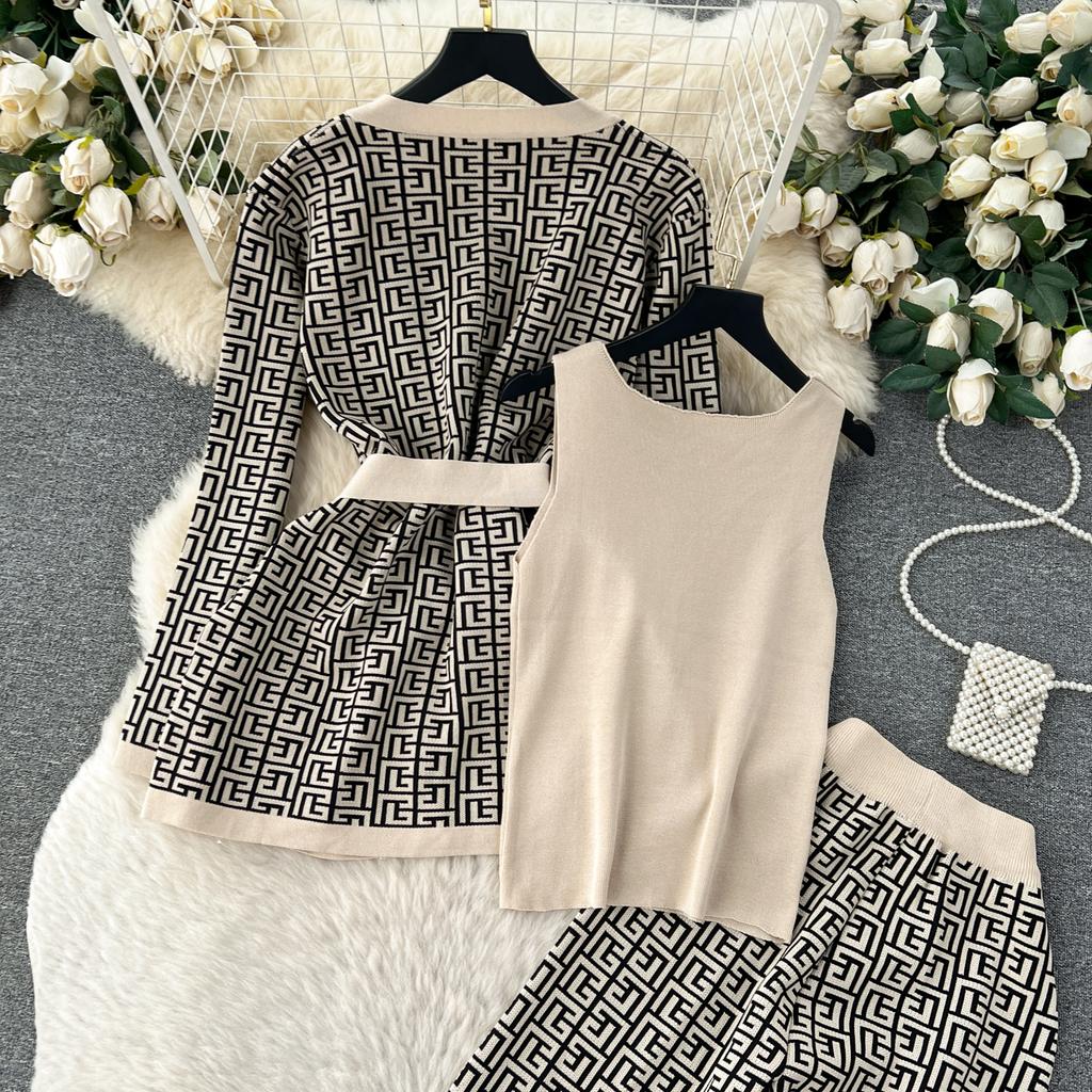 Осень Зима Винтаж Бренд Дизайнерский Принт Вязаный Свитер Брюки Комплект Из 3 Частей Женский Спортивный Костюм Кардиганы С Длинными Рукавами Жилет До щиколотки Брюки Наряды