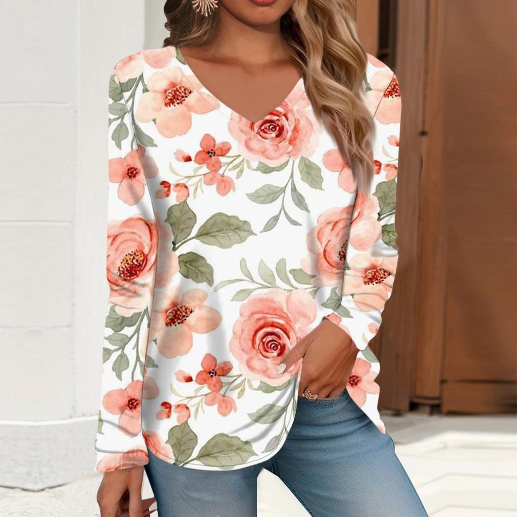 Жен. Футболка Футболка С принтом Длинный рукав Повседневные Выходные Повседневные Классический V-образный вырез Обычный Осень Зима Верхушки