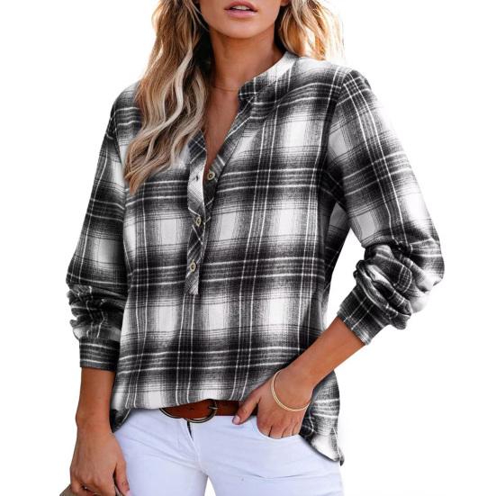 Женская рубашка с V-образным вырезом, на пуговицах, с полупланкой, длинным рукавом, пуловер, клетчатый узор, повседневная, обычного кроя, офисная