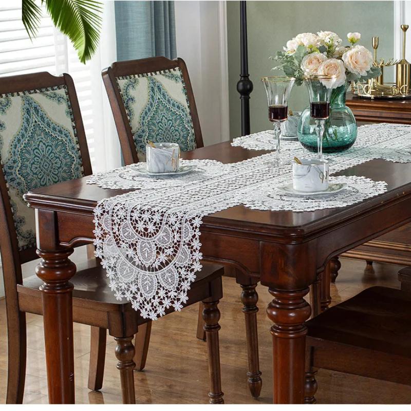 Lace Table Runner Luxury White Wedding Place Tables Runner Home Table Embroidery Hollow Romance TableCover Table Mat Decoration
