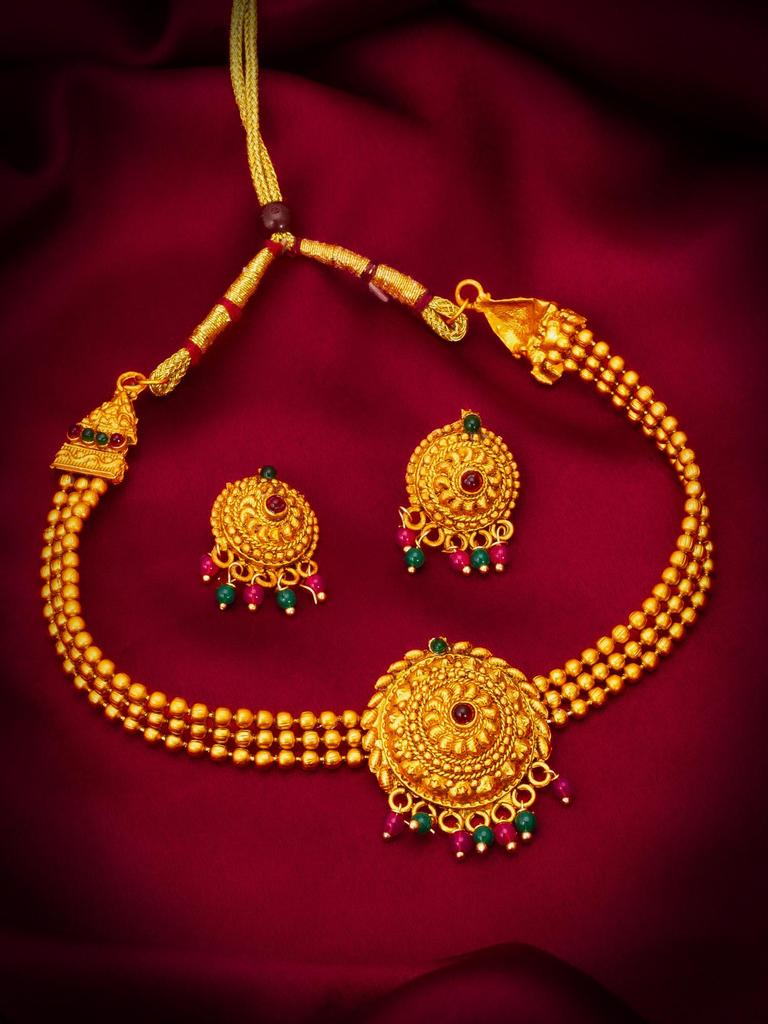 Gold-Plated Multi Stone-Studded & Beaded Temple Jewellery Set