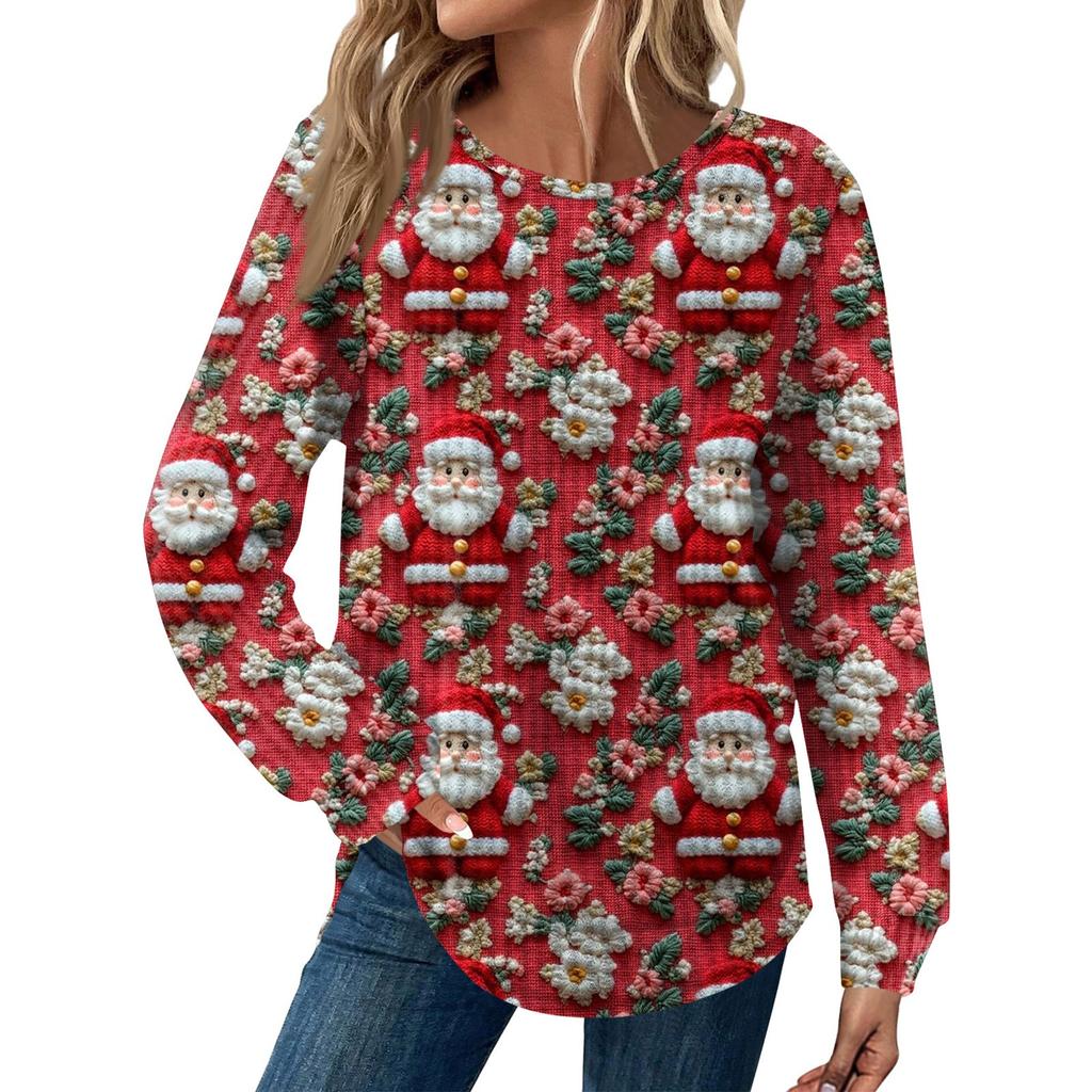 Women's Fashion Long Sleeve Christmas Loose Long Sleeve Round Neck Casual Top