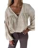 Azura Exchange Khaki V Neck Bow Tie Bubble Sleeve Blouse