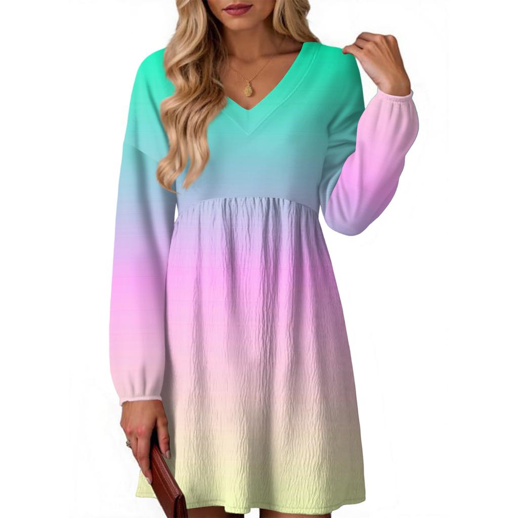 Women's Fashion Gradient V-Neck Long Sleeve Dress