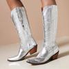 Fashion Knee High Boots Women Winter Western Cowboy Cowgirls Boot Female Black Silver Low Heels Riding Shoes Ladies Comfortable