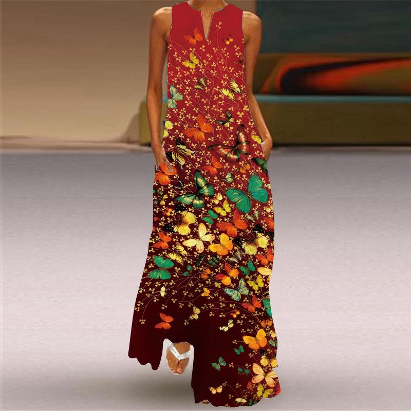2024 Retro Printed V-Neck Sleeveless Maxi Dress with Pockets - Multicolor