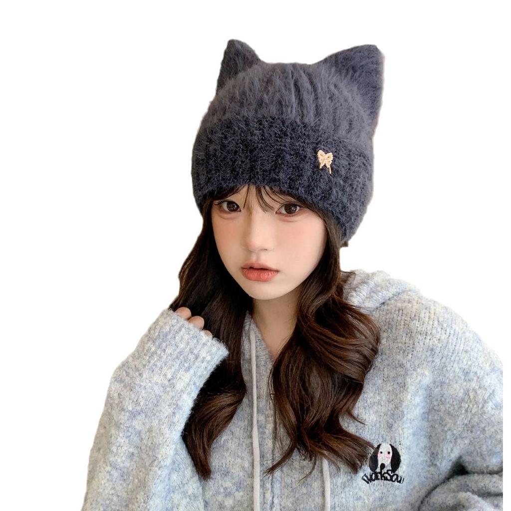 Новая осенне-зимняя симпатичная утолщенная шапка для защиты ушей с кошачьими ушками, женская зимняя защитная от холода, теплая шерстяная шапка для маленького лица