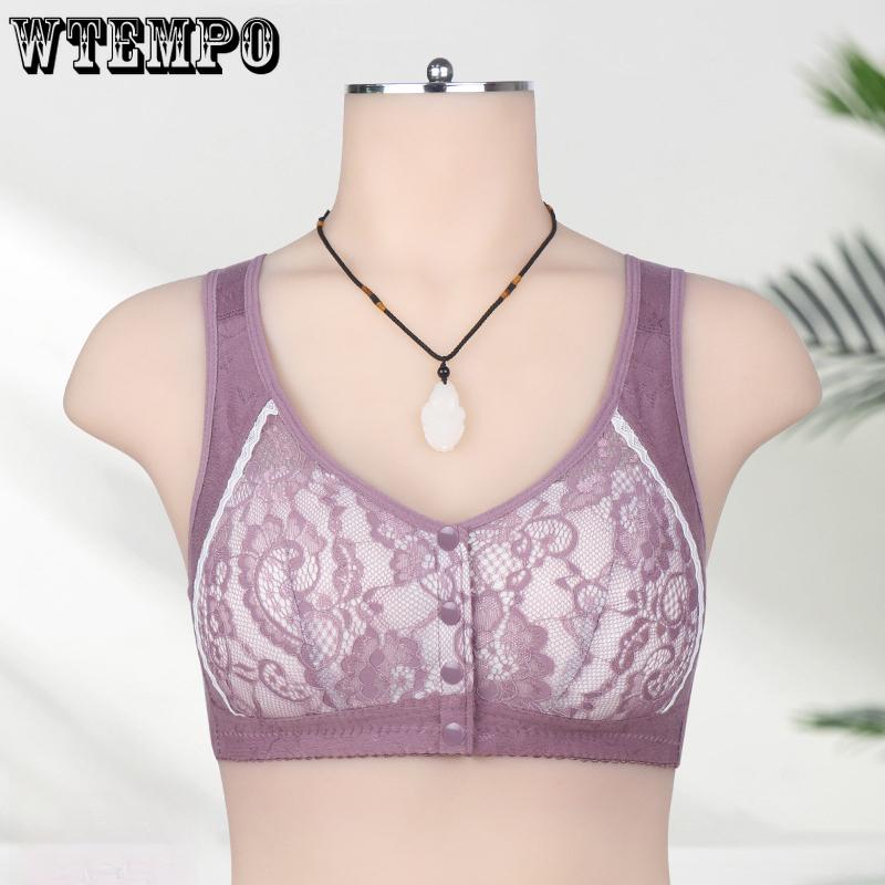Бюстгальтер с кружевными чашками и пуговицами спереди, нижнее белье для женщин среднего и пожилого возраста, большие размеры, без стального кольца, широкий бретелька, бюстгальтер в стиле жилета