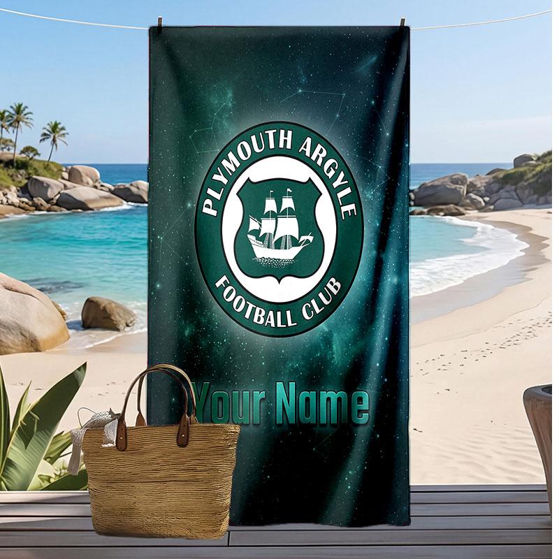Plymouth Argyle FC Personalized Printed Beach Towel Soccer Logo Support Custom Name Text Absorbent Towel For Sport Travel Special Gift