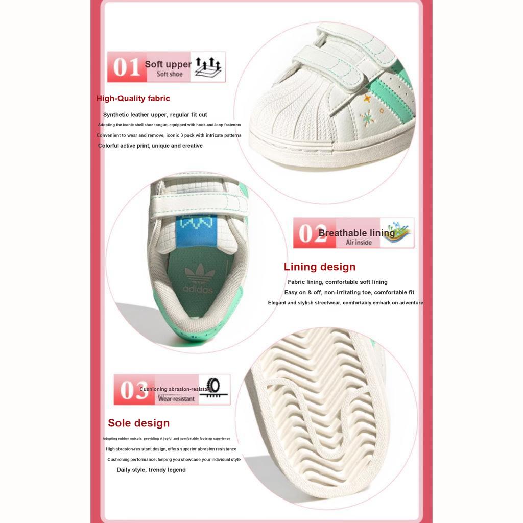 Adidas Originals Superstar Comfort Closure Comfortable Versatile Shock Absorbing Durable Low Top Kids Skate Shoes Kids Sneaker White Green IF4319