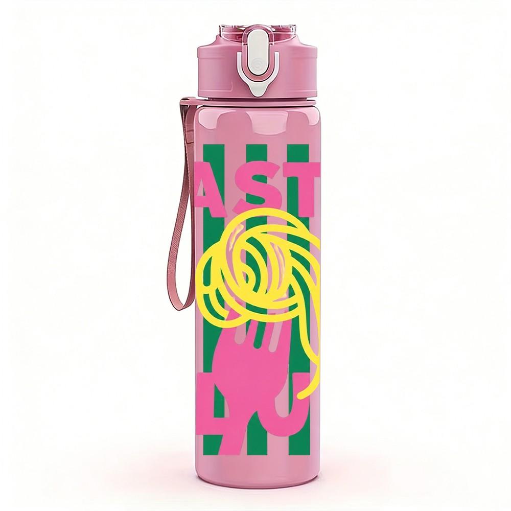 1PC Pasta Cobs Retro Striped Typography Print 750ml Color Plastic Sports Water Bottle Leakproof Flip Straw Lid Suitable for Sports Office Home Use