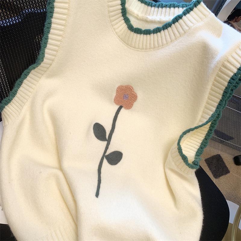 Маленький жилет с вышивкой свежих цветов в стиле ретро для женщин, весна и осень 2023, универсальный свободный вязаный жилет, свитер, пуловер, женский