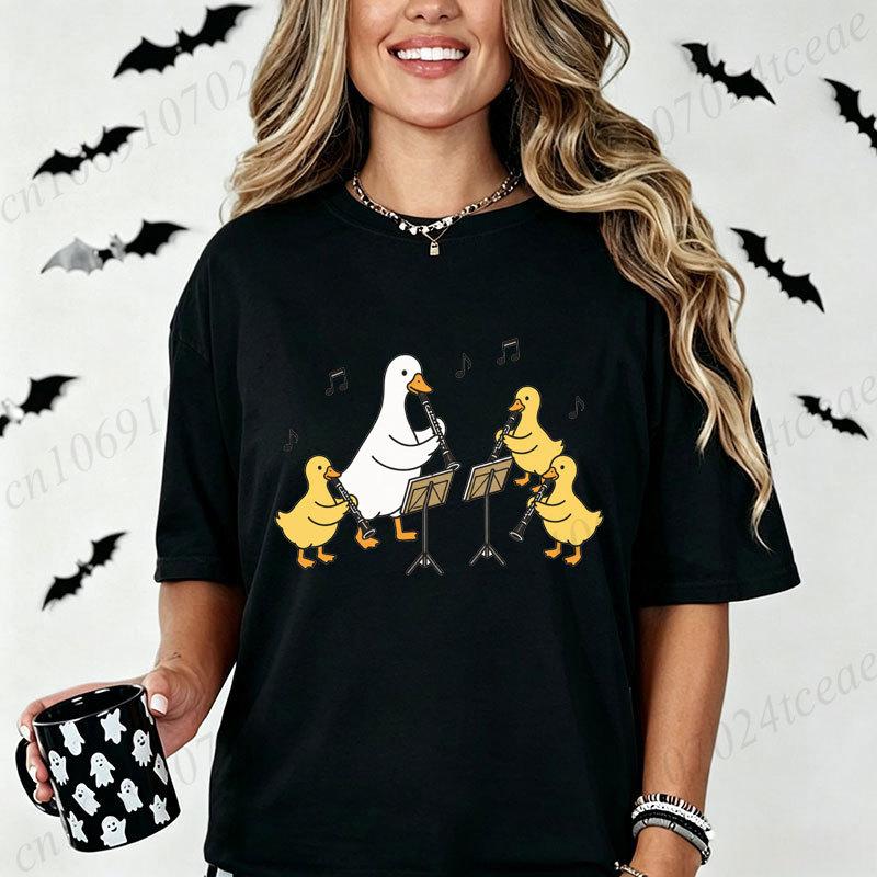 Cute Goose Duck Clarinet Band T-shirt Women Funny Cartoon Music Note Graphic Tee T-Shirts Casual Tops Gift for Music Lover