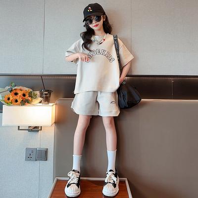 Летний костюм для девочек Детский комплект одежды Футболка с короткими рукавами и буквами + полуштаны Спортивные костюмы для подростков Детский