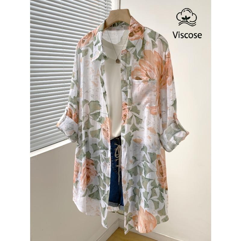 Elegant Mid-length Women's Blouse, Lightweight Single-breasted Cardigan Outerwear, Casual Long-sleeved Top for Tall Women with Floral Print