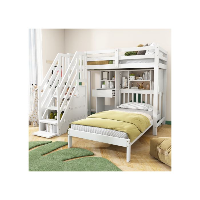 Детская кровать - MUVOE - 90x200 - Белая - Встроенный стол и полка - 2 места