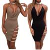 Women Solid Color Split Deep V Diamond Halter Neck Bodycon Mini Dress