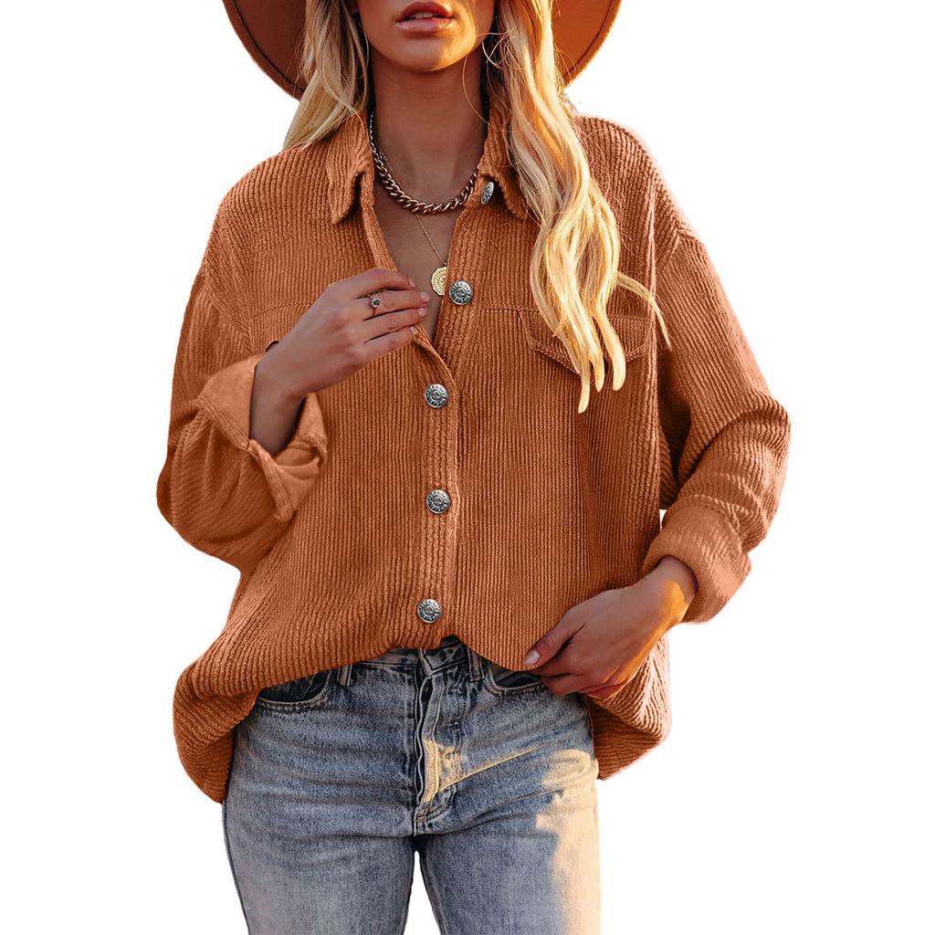 Женская повседневная вельветовая однотонная рубашка с лацканами, однобортное свободное пальто