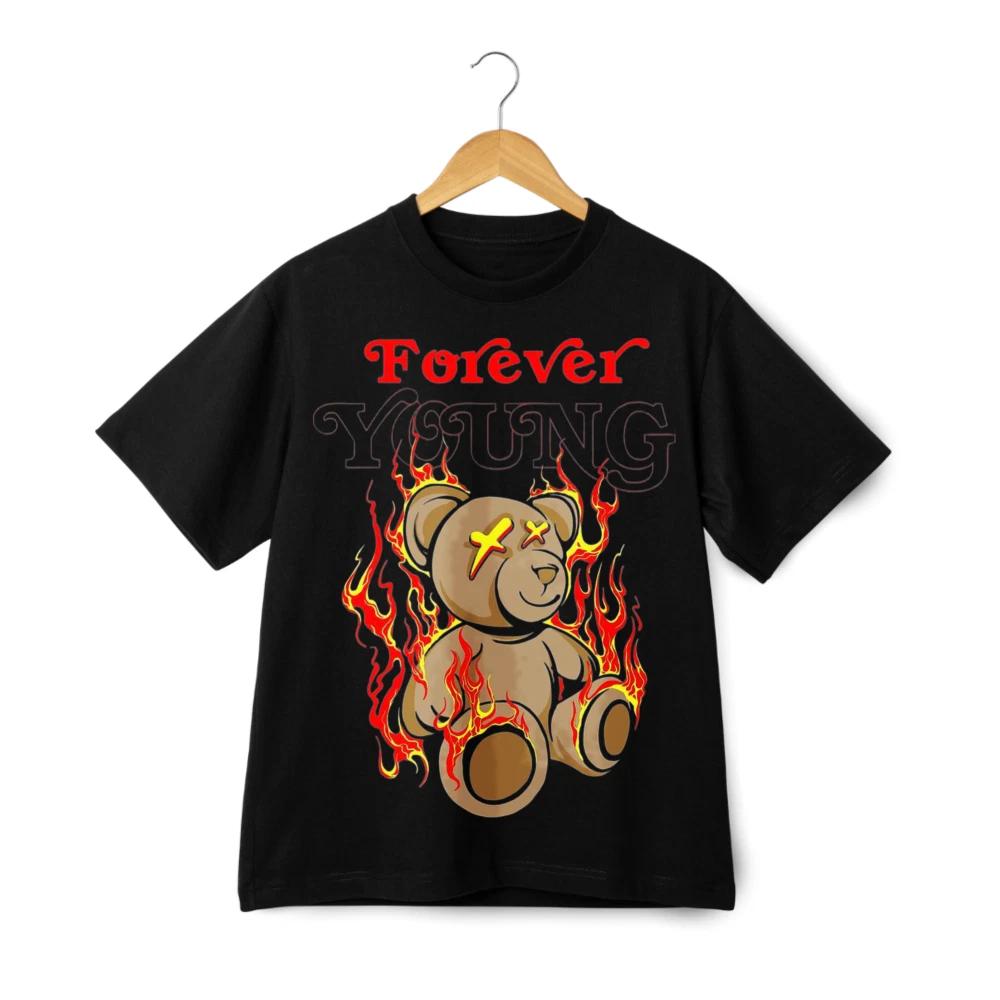 Футболка с графическим принтом 'Forever Young Flaming Teddy Bear' Темный дизайн в стиле Streetwear