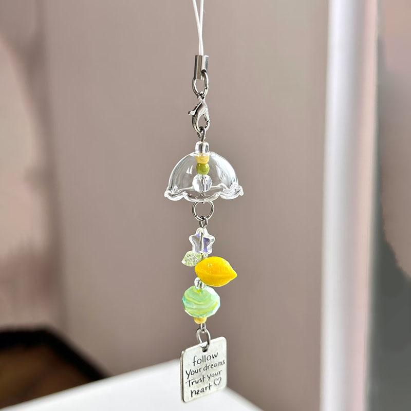 Y2K Green Lemon Key Chain Wind Chimes Star Beaded Keyring For Phone Camera Earphone Case Charm Pendant Keycord