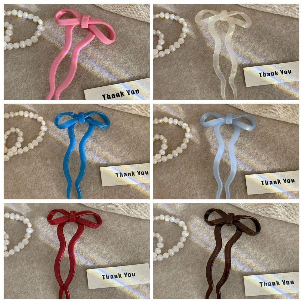 Multicolor Acetic Acid Bow Hair Stick Chinese Style Pan Hair Fork Cute U-shaped Hairpin Ladies
