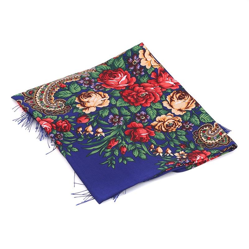 Women's Vintage Floral Print Shawl - Square Ethnic Scarf With Four-Sided Tassels For Travel & Dust Protection