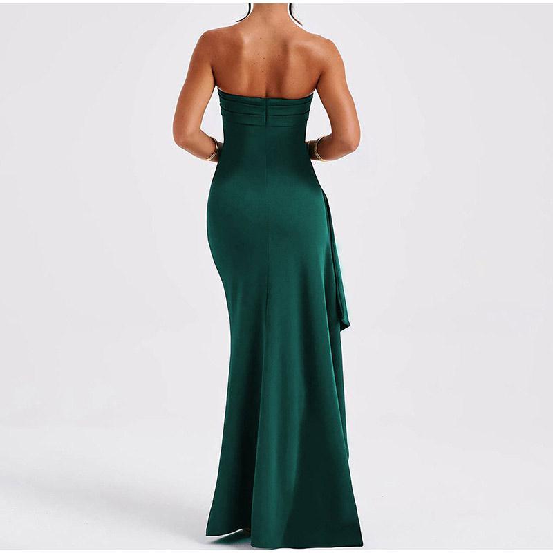 Off Shoulder Elegant High Waist Split Maxi Dress Sexy Club Outfits for Women 2025 Spring Summer New Solid Color Strapless Ruched Evening Dresses