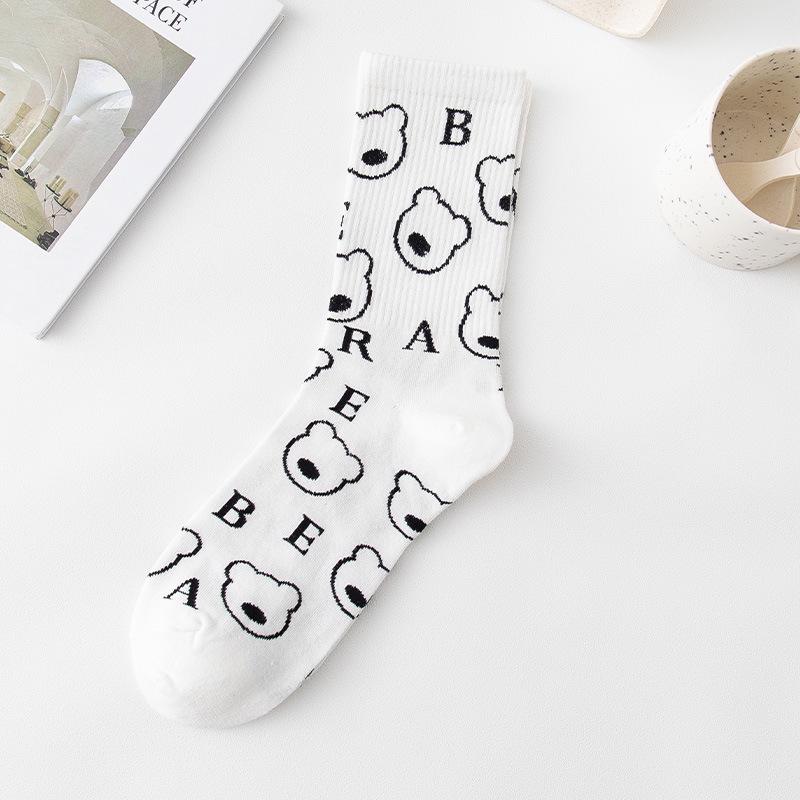 Women's Mid-Tube Cotton Socks - Black & White Japanese Embroidered Design for Autumn/Winter