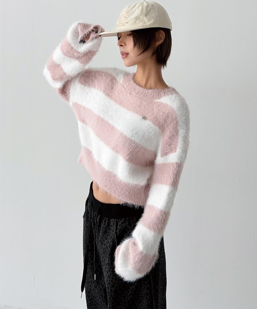 THE GREEN LAB Hairy Block Stripe Crop Knit [Pink]