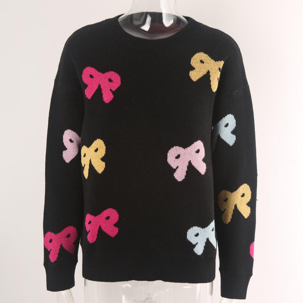 Осенне-зимний женский свитер с бантом, круглый вырез, длинный рукав, вязаный свитер