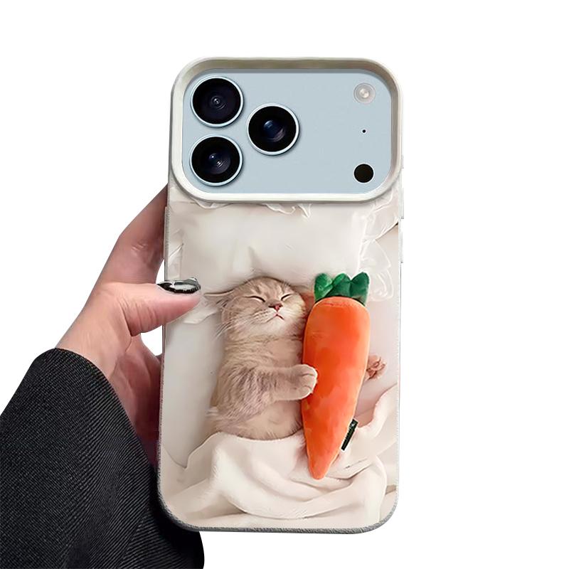 Чехол Спящий кот с узором из моркови для iPhone 17 Pro Max Funda iPhone 16 Pro Max 15 14 13 12 11 Air 16E Силиконовый чехол с текстурой кожи