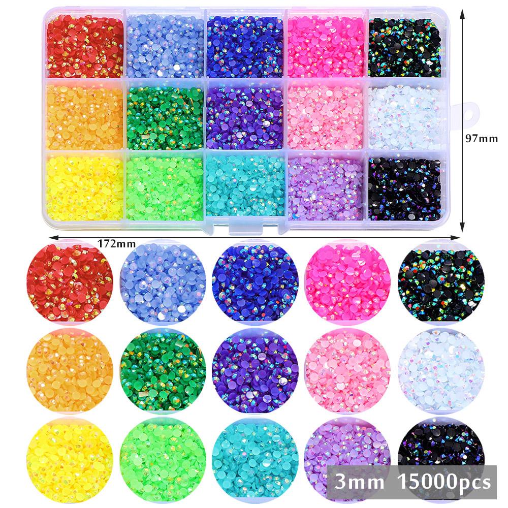 15000pcs 3mm AB Jelly Nail Rhinestones Resin Flat Back Colorful 3D Metal Nail Art Sampler Kits