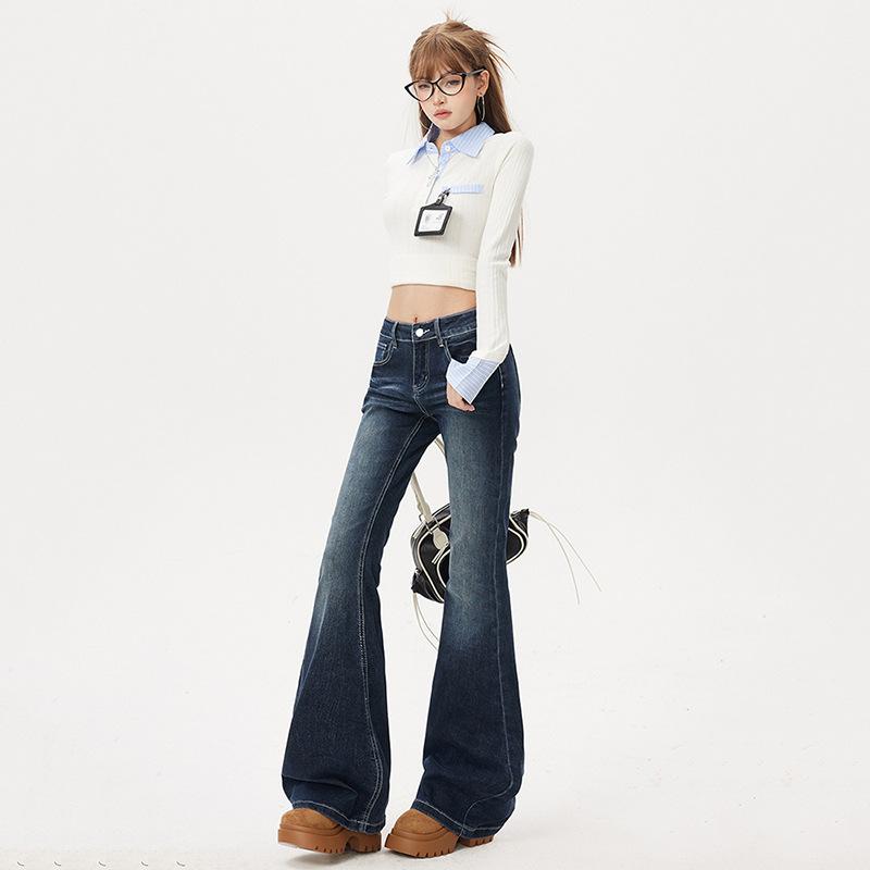 American style non-stick legs retro low-rise Spice Girl flared pants autumn and winter versatile ins slim and thin elastic jeans women