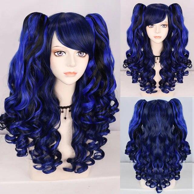 Парик для косплея Синтетический длинный цветной вьющийся парик для косплея Лолиты для девочек с двойными хвостиками и 1 шапочкой для парика