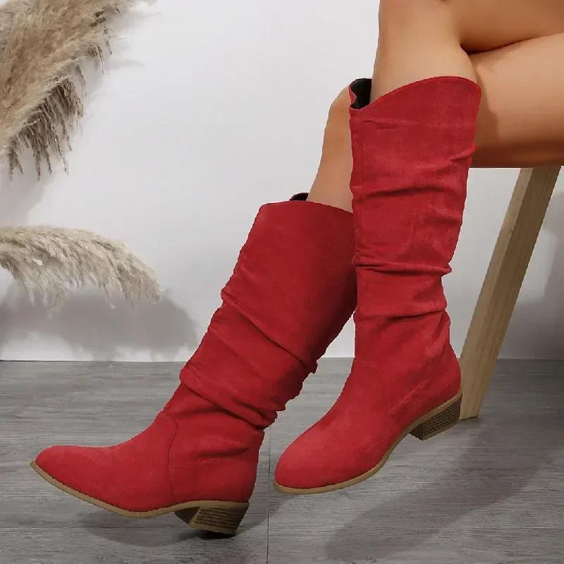 Women Fur Suede Boots Pleated Wedge Long Boots Ladies Round Toe Slip On Mid-calf Boots Low Heel Botas Mujer Size 43