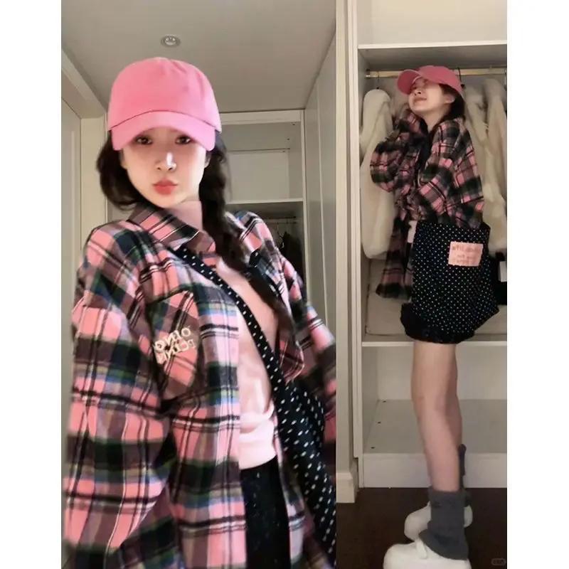 Корейская хип-хоп рубашка с цветными блоками в клетку с длинным рукавом для женщин весна-осень свободный крой стиль оверсайз универсальная модная куртка