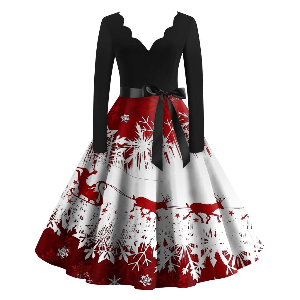 Женские рождественские повседневные модные винтажные платья с v-образным вырезом и длинными рукавами с принтом
