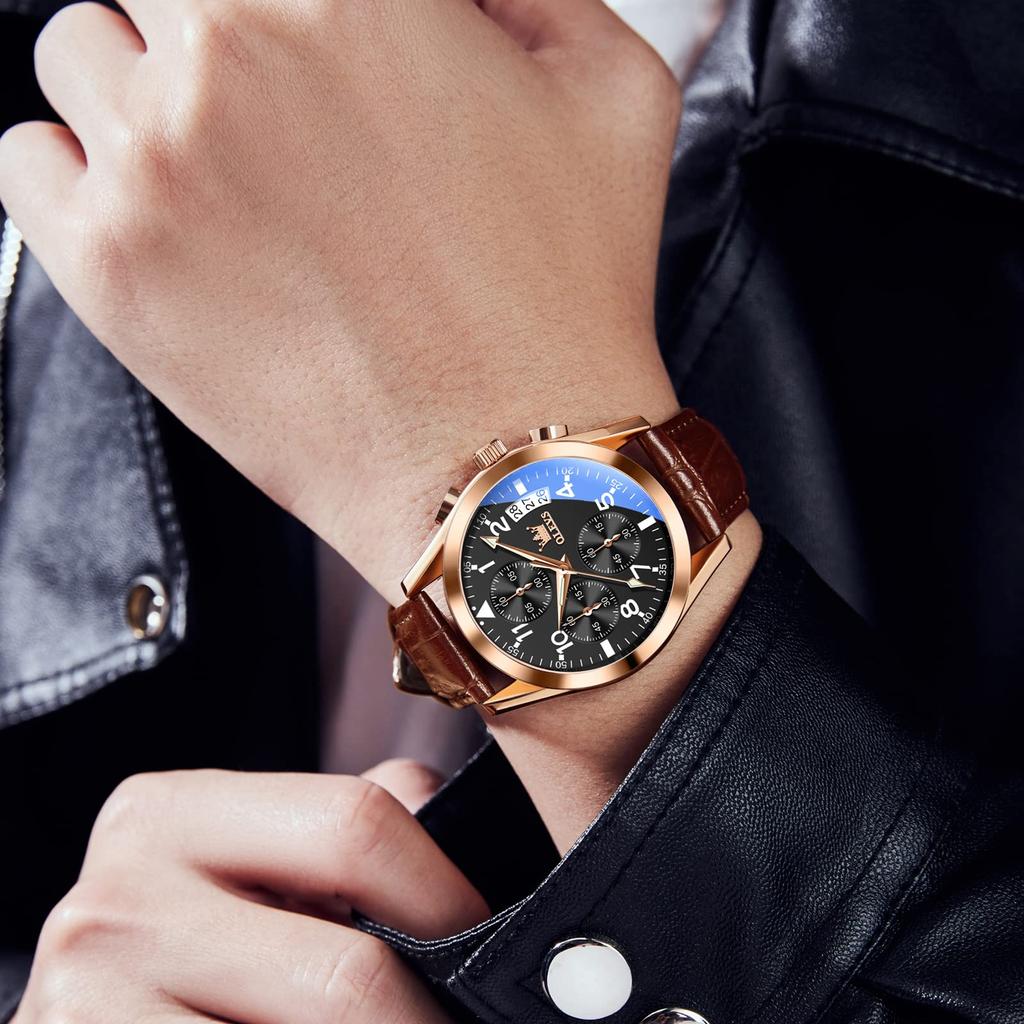 Часы OLEVS Business Водонепроницаемые часы Коричневый кожаный ремешок Популярные наручные часы для мужчин Легко читаемая дата Простые кварцевые крутые черные текстовые часы на арабском языке