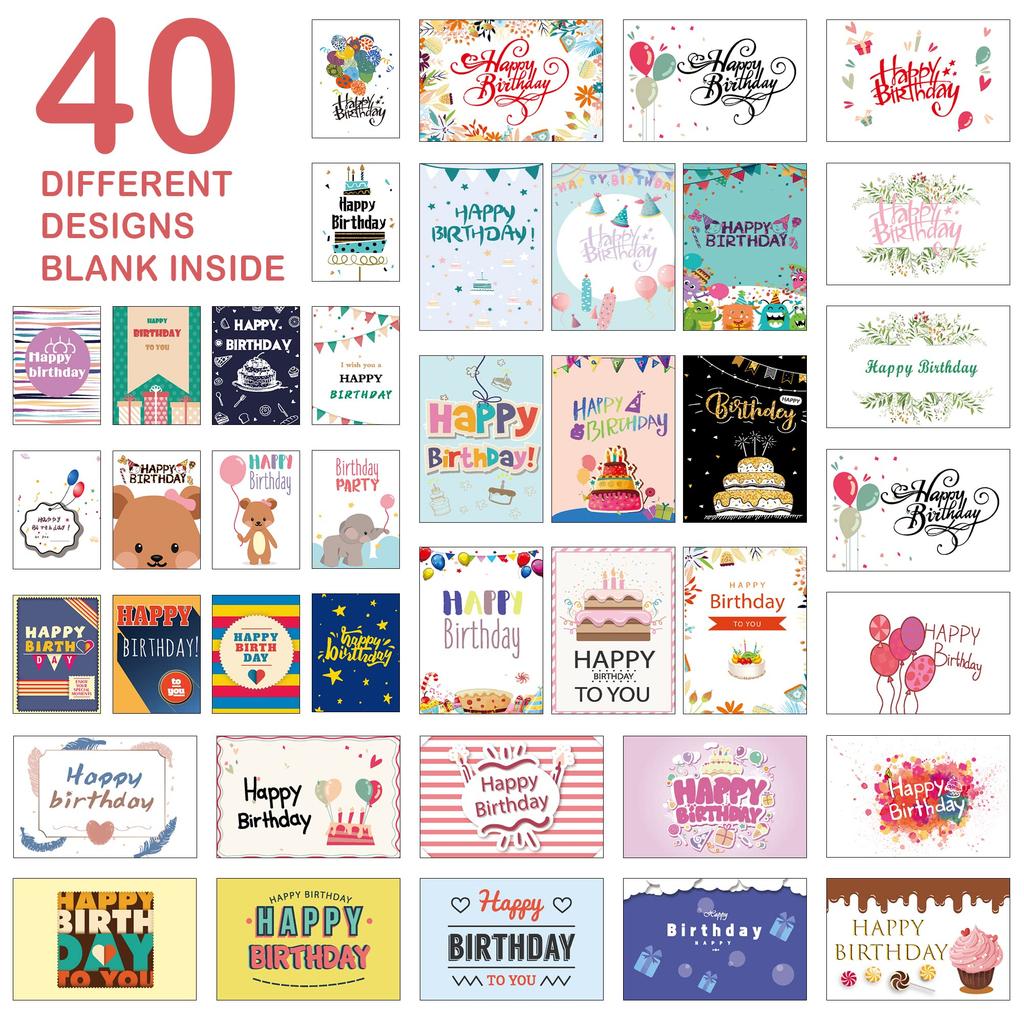 Feela Happy Birthday 40 Cute Patterned Cards with and Masking Perfect for Message Birthday Gift and Celebrations Cards, Envelopes, Stickers, Tape,